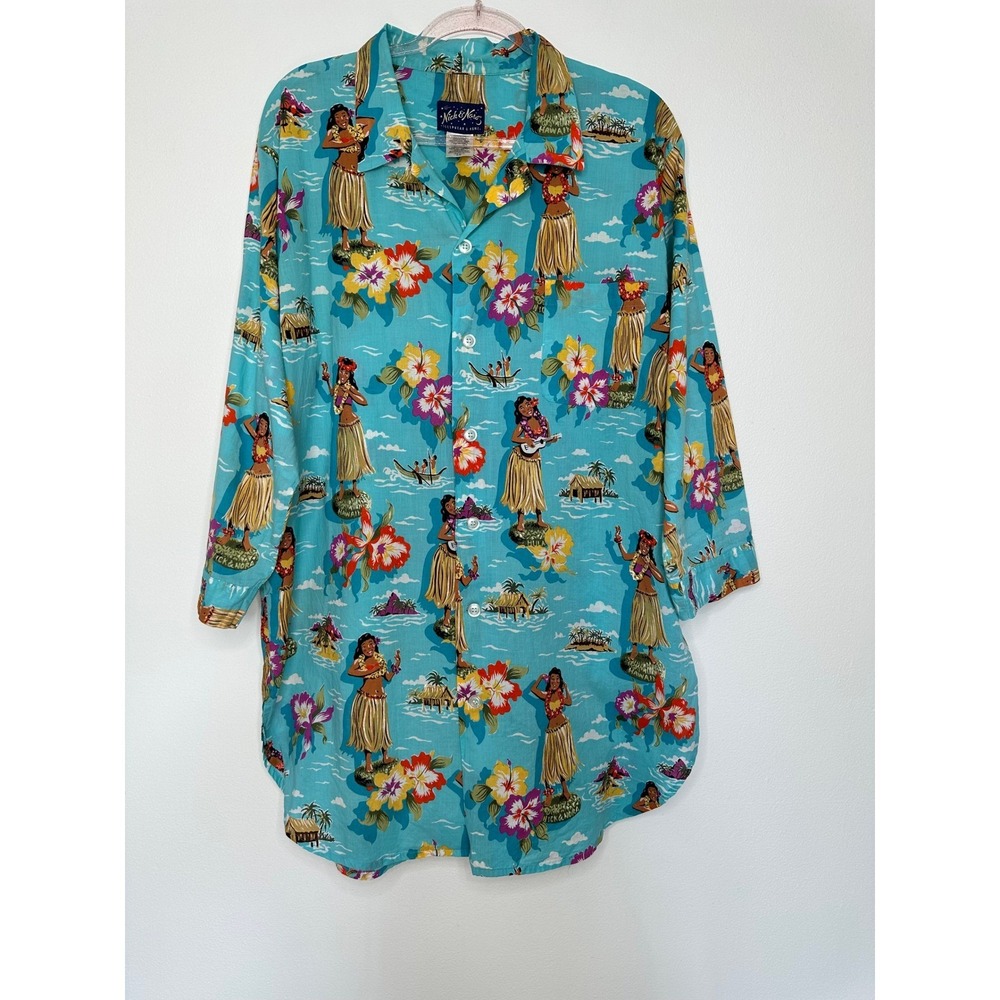 Nick & Nora Sleepwear Shirt Size S M‎ Blue Hawaiian Hula Girl Floral Cotton Long